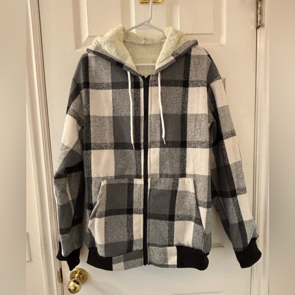 Plaid Jacket with Hood and Faux Fur Lining